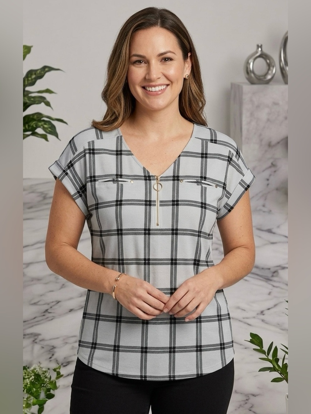 Flower & Feather Plaid V-Neck Top XL Gray Black Zipper Faux Pocket Blouse